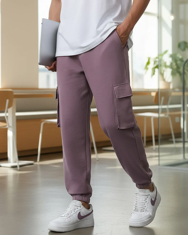 bewakoof Men's Purple Oversized Cargo Warm Joggers